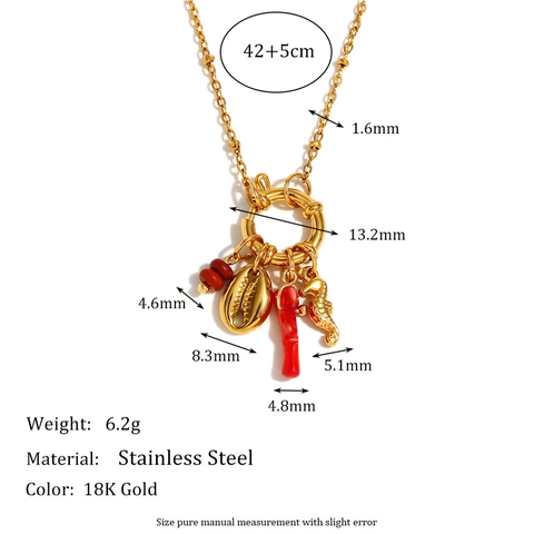 Roestvrijstalen Ketting 18K Verguld Oceaan Thema Schelp Zeepaardje Rood Koraal Hangers Strand Stijl Mode Sieraden Voor Vrouwen