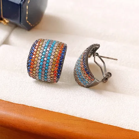 Orecchini A Lobo Quadrati Curvi In Zircone Arcobaleno Con Perno In Argento Gioielli Colorati Di Lusso Per Donna