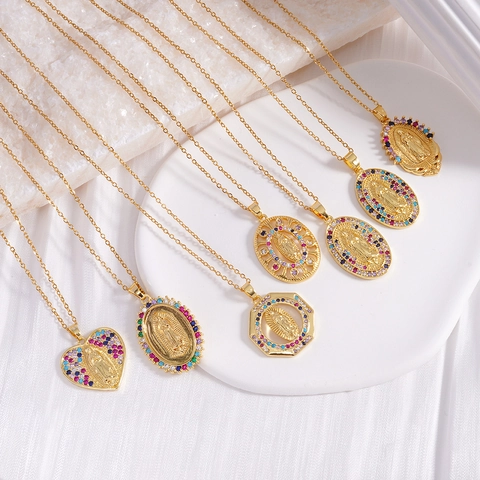 Collana Con Pendente Vergine Maria Rame Placcato Oro Zirconia Colorata Gioielli Religiosi Da Donna