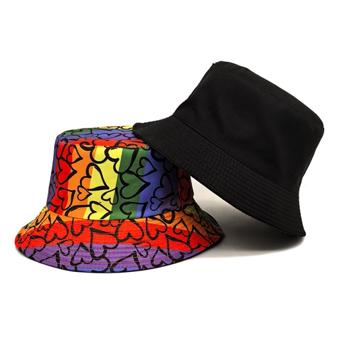 Rainbow Gestreepte Hart Patroon Vissershoed Polyester Omkeerbaar Zonbescherming Outdoor Reizen Retro Stijl Vrouwen