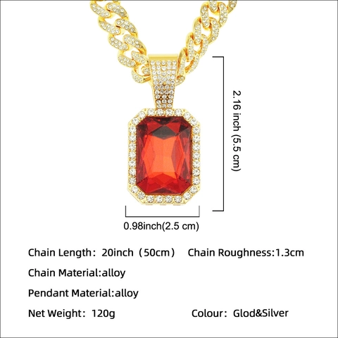 Hip Hop Herren Iced Out Panzerkette Halskette Legierung Strass Großer Rechteckiger Roter Edelstein Anhänger Funkelnder Schmuck