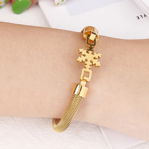 Pulsera De Malla De Acero Inoxidable Para Mujer Con Dijes De Mano De Hamsa Y Copo De Nieve Joyería De Moda Minimalista