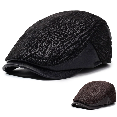Men Winter Flat Cap PU Leather Newsboy Hat With Ear Flaps Warm Windproof Outdoor Retro Adjustable Peaked Cap
