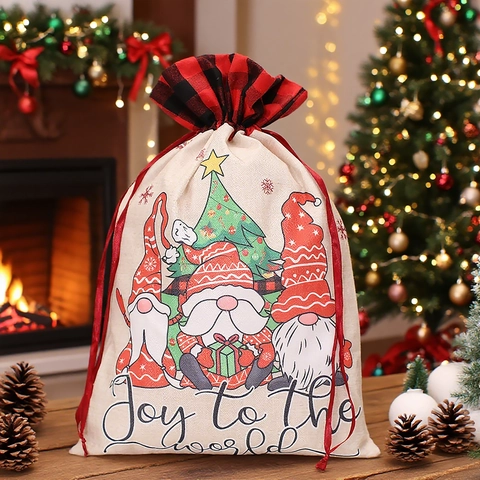 Large Christmas Drawstring Gift Bag Burlap Linen Gnome Pattern Holiday Reusable Candy Sack For Party Decoration
