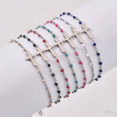 Bracciale Di Perline Con Ciondolo A Croce In Acciaio Inossidabile Perline Di Riso Colorate Gioielli Religiosi Donna