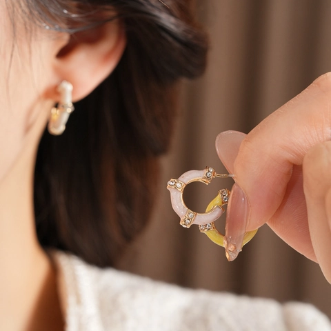 C-Form Bambus Gelenk Ohrstecker Mit Emaille Rhinestones Und Silver Earring Post Retro Eleganter Stil Für Damen