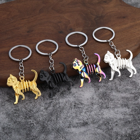 Skeleton Dinosaur Cat Unicorn Keychain Metal Zinc Alloy Rainbow Colorful Mechanical Bone Pendant Halloween Party Gift Novelty Charm