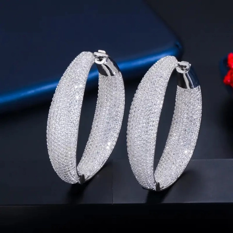 Pave Set Cubic Zirconia Chunky Hoop Earrings Copper Shiny Luxury Sparkling Round Design Formal Jewelry For Women