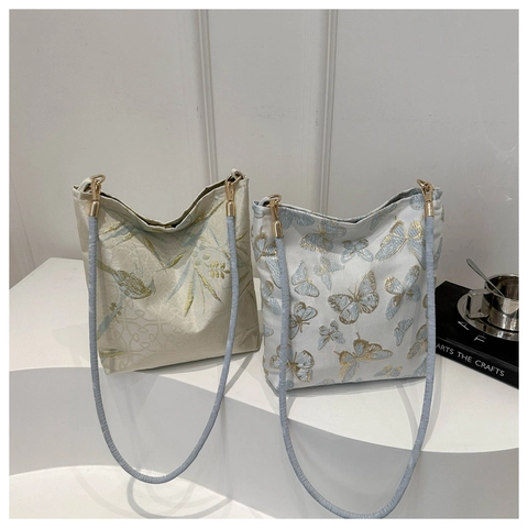 Borsa a Spalla da Donna Ricamata con Bambù e Farfalle Stile Neo-Cinese Vintage Tessuto in Raso Jacquard Tote Bag Casual