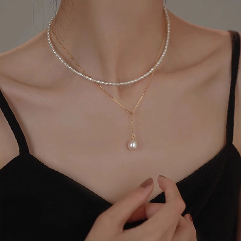 Élégant Collier en Cuivre Plaqué Or Avec Perle d'Eau Douce Forme de Riz Chaîne en Y Collier Réglable Bijoux pour Femmes