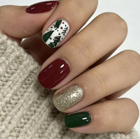 Christmas Press On Nails Red Green Gold Glitter Christmas Tree Pattern Square Shape Full Cover Holiday Winter Manicure For Women