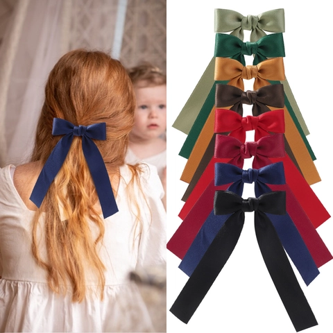 Kids Long Streamer Bow Hair Clip Solid Color Polyester Cotton Satin Alligator Clip For Girls Cute Hair Accessories