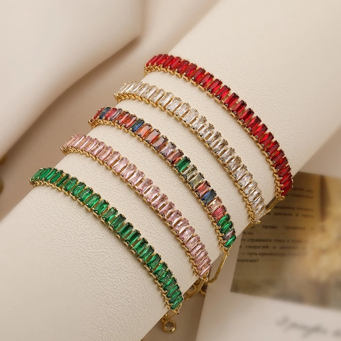 Bracciale Bolo Regolabile Rame Placcato Oro Zirconia Taglio Baguette Geometrico Retro Gioielli Di Lusso Per Donna