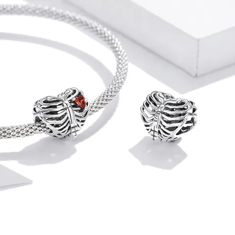 925 Sterling Silver Rib Cage Heart Charm Bead With Red Heart Zirconia Gothic Punk Jewelry Accessory For DIY Bracelet Necklace