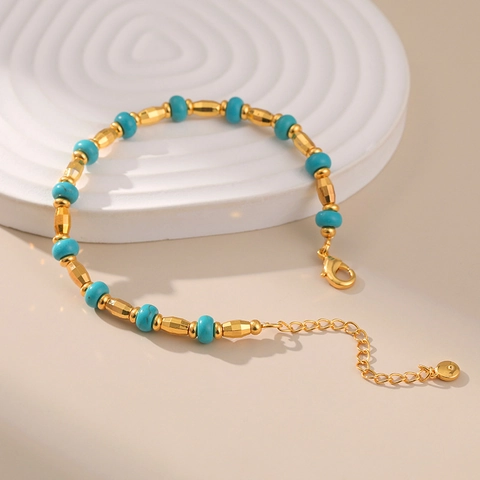 Pulsera Vintage De Cuentas De Turquesa Cobre Chapado En Oro De 18K Estilo Palacio Retro Joyería Ajustable Para Mujer