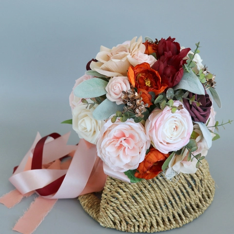 Künstlicher Hochzeitsstrauß Satinnrose Pfingstrose Blumen Mit Langen Bändern Braut Handstrauß Retro Französischer Stil
