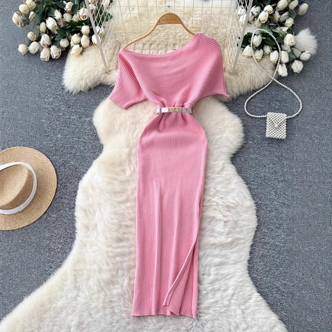 Elegante Geribde Gebreide Midi-Jurk Voor Dames Boothals Off-Shoulder Slim Fit Met Riem Zijsplit Minimalistisch Korte Mouwen