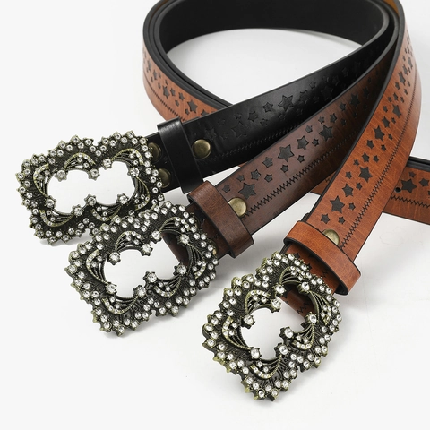 Vintage Punk Star Pattern PU Leather Belt With Heart Rhinestone Buckle Western Cowgirl Wide Waist Strap Fashion Accessory
