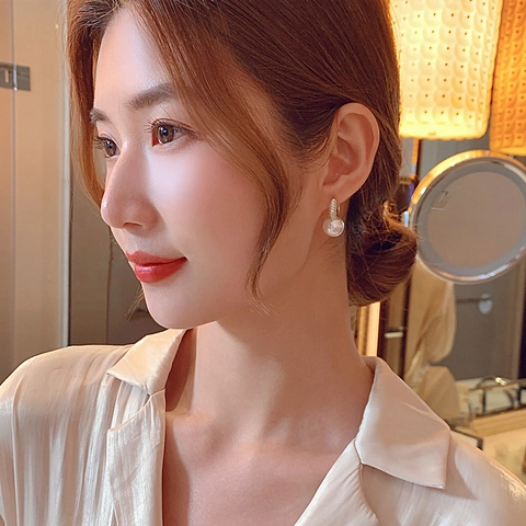 Artificial Pearl Drop Earrings With 925 Sterling Silver Earring Post Zircon Inlaid Gold Plated Hoop For Women Elegant Jewelry