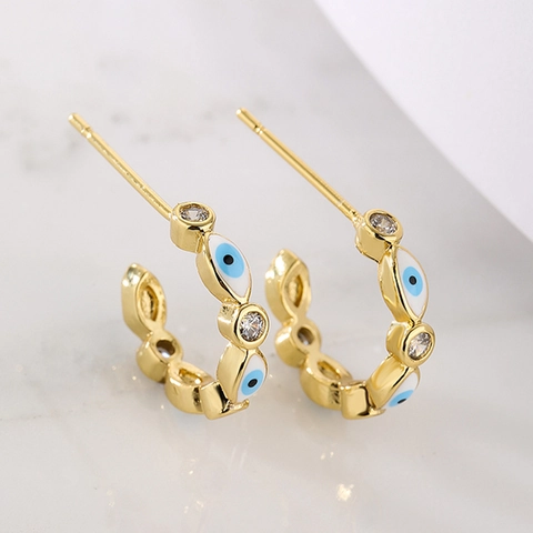 Evil Eye C-Hoop Ohrringe Kupfer 18K Vergoldet Zirkonia Emaille Retro Mode Für Frauen
