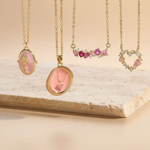 Pink Enamel Heart Rose Pendant Necklace 14K Gold Plated Copper Zircon Bohemian Style Jewelry For Women