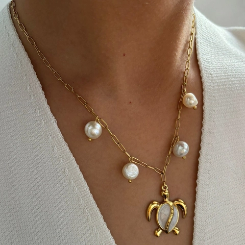 Zeeschildpad Hanger Ketting 316L Roestvrij Staal 18K Verguld Natuurlijke Zoetwaterparel Schelp Stijl Voor Dames