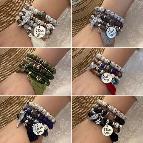 Pulseras De Cuentas Bohemias Multicapa Aleación Ala Encanto Borla Placa Grabada Redonda Mujeres Joyas Vintage Regalo