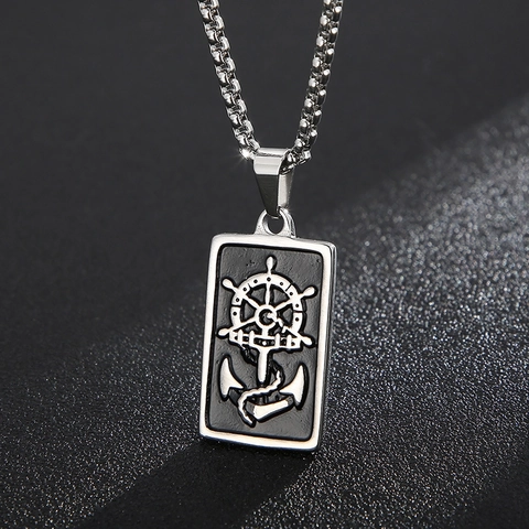 Collar Con Colgante De Ancla Y Timón Náutico Acero Inoxidable Negro Goteo De Aceite Etiqueta Militar Joyería Hip Hop Hombre