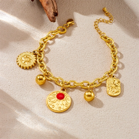 Gioielli Retro In Acciaio Inossidabile Collana E Bracciale Placcato Oro Pendente Sole Gemma Rossa Moneta Stella Commemorativo Donne