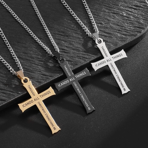 Collar Con Colgante De Cruz Acero Inoxidable Grabado Versículo Bíblico Oración Religiosa Joyería Para Hombres Mujeres Moda