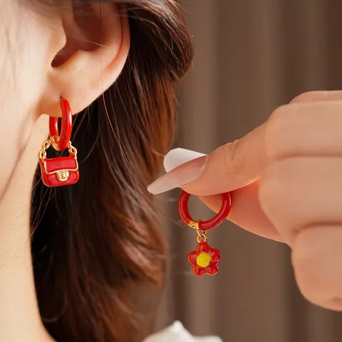 Asymmetrical Hoop Earrings Titanium Steel Gold Plated Red Enamel Flower Mushroom Heart Key With Silver Earring Post For Women