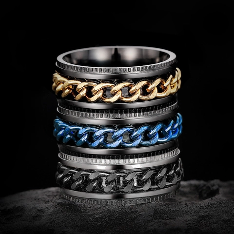 Stainless Steel Spinner Ring With Rotatable Cuban Chain Band Industrial Punk Style Hip Hop Jewelry For Men Unisex