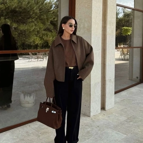 Veste Courte En Laine Pour Femme Avec Revers Fermeture Éclair Manches Longues Coupe Ample Style Britannique Décontracté