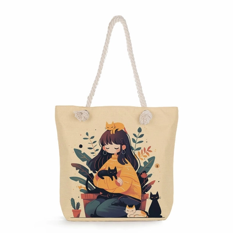 Sac Fourre-Tout en Lin Imprimé Chat de Dessin Animé Avec Poignée en Corde Sac à Épaule Femme pour Shopping Plage Voyage