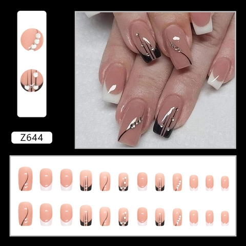 Square Press On Nails French Tip Nude Pink Black White Artistic Lines Rhinestone Luxury Elegant Glossy Fake Nail Art