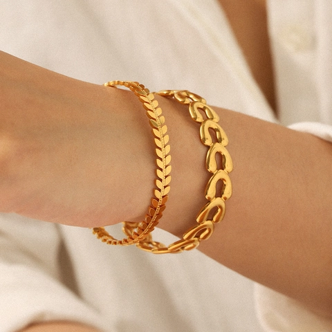 Brazalete Abierto De Acero Inoxidable Chapado En Oro De 18K Para Mujer Minimalista Cadena En Forma De U Textura Hoja De Trigo