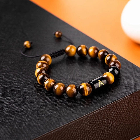 Tiger Eye Black Agate Beaded Bracelet Gold Initial Letter Adjustable Woven Rope Jewelry For Women Men Unisex