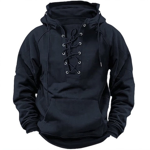 Camiseta con Capucha Retro con Cordones para Hombre Color Sólido Casual Talla Grande Sudadera de Manga Larga con Bolsillo de Canguro
