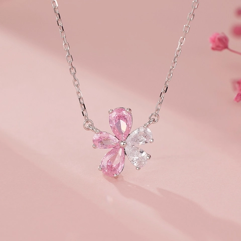 Cherry Blossom Flower Pendant Necklace 925 Sterling Silver With Pink White Cubic Zirconia Sweet Elegant Jewelry For Women