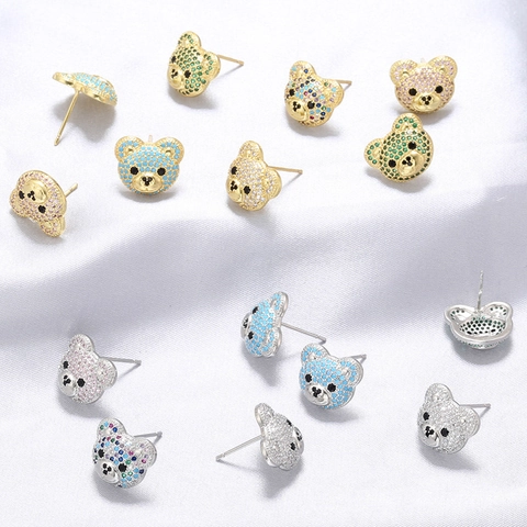 Bear Stud Earrings Copper Cubic Zirconia Pave Animal Shaped Cute Tiny Jewelry Accessories For Women Girls