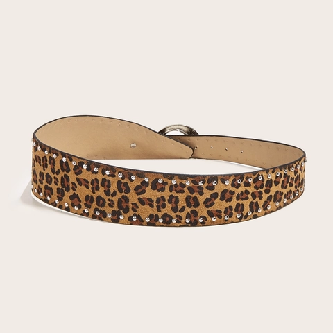 Cintura Da Donna Con Stampa Leopardata Ecopelle Con Borchie Argentate E Fibbia In Lega Intagliata Stile Punk Western Vintage