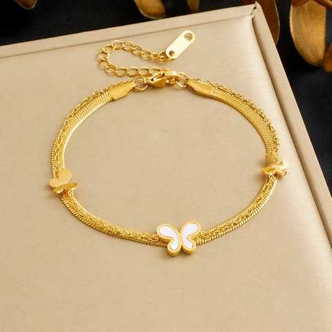 Butterfly Layered Bracelet Gold Plated Stainless Steel Mother Of Artificial Pearl Inlay Snake Link Chain Adjustable Jewelry For Women
