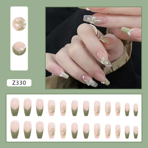 Unghie Finte Perla Artificial Camelia Design Floreale Francese Verde Salvia Forma Bara Unghie Artificiali Accessorio Per Manicure Elegante
