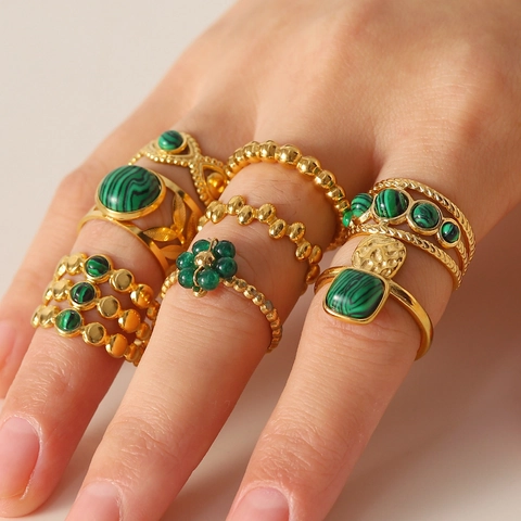 Anillo Abierto de Acero Inoxidable Chapado en Oro de 18K Vintage para Mujer Piedra Natural Verde Textura de Malaquita Joyería Ajustable