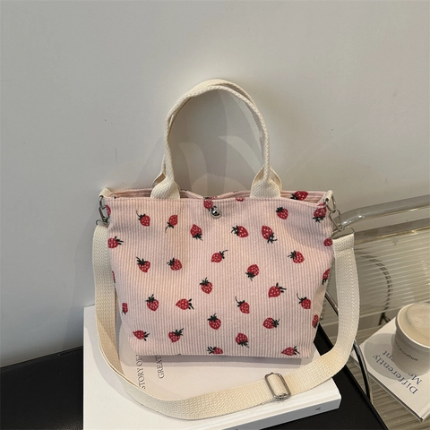 Damen Vintage Floral Erdbeere Bedruckt Tote Bag Leinwand Cord Große Kapazität Schulter Umhängetasche Mit Verstellbarem Gurt
