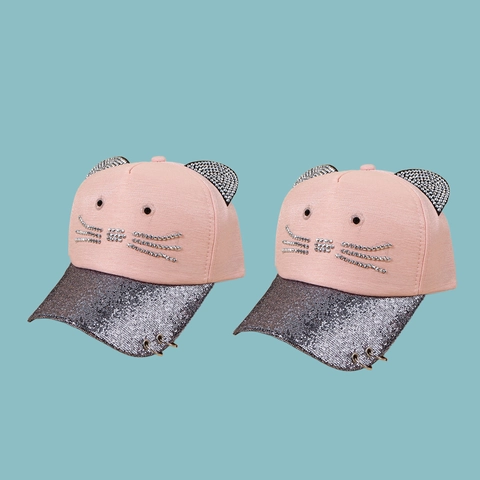 Cappellino Da Baseball Con Orecchie Di Gatto Tessuto Rosa Con Baffi Di Strass Visiera Luccicante Anelli Di Metallo