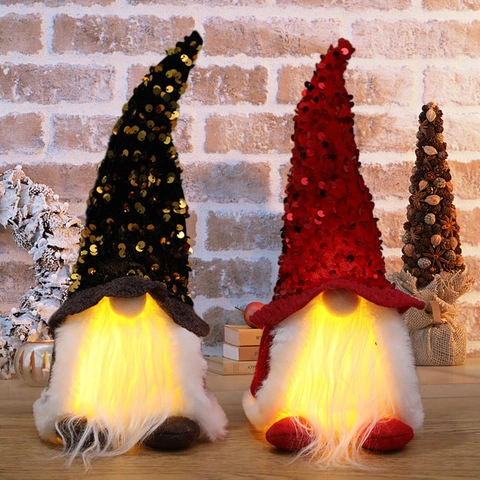 Glowing Christmas Gnome Plush Sequin Hat Tomte Ornament LED Light Up Swedish Nisse Desktop Decoration Festive