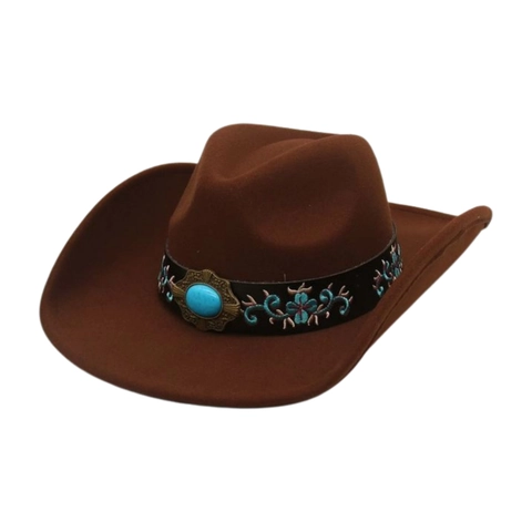 Western Cowboy Hat Retro Wool Felt Wide Brim With Ethnic Embroidered Band And Faux Turquoise Decorative Stone