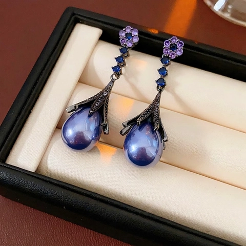 Flower Dangle Earrings With Silver Earring Post Copper Rhinestone Imitation Artificial Pearl Vintage Luxury Jewelry For Women