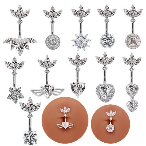 Anneau de Nombril en Alliage de Titane avec Strass en Forme de Cœur Bijoux de Piercing pour Femme Couleur Argent Or